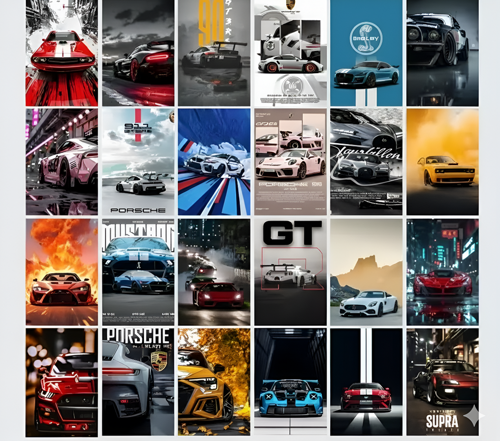 Aesthetic 24 Pcs Cars Wall Collage Kit - 4 x 6 Inches Posters - Wall Prints for Bedroom, Living Room, Office Decoration - Glue tape Included